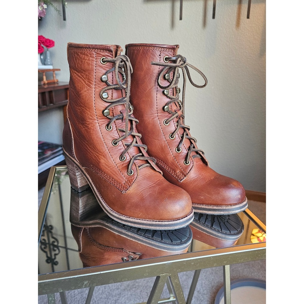 Frye Sabrina 6G Lace Up Boot Women 8.5 Cognac Leather Block Heel 3475392-COG